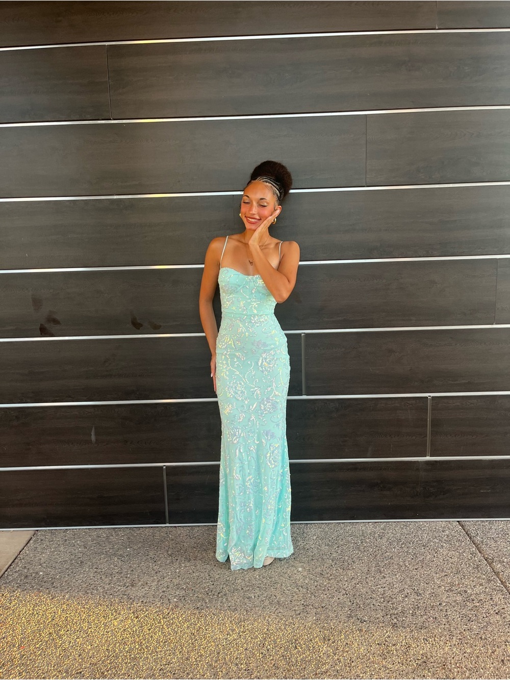 Windsor Mint Sequin Spaghetti-Strap Prom Gown